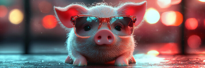 A cute pig wearing sunglasses with a blurred city lights background.