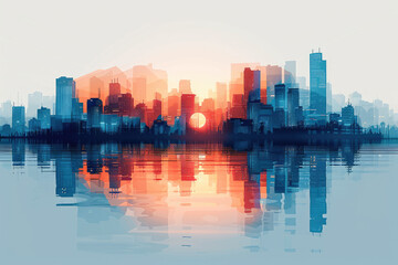 Fototapeta premium cityscape of big capital city skyscrapers, timelapse, reflection of the river panorama sunset sky background