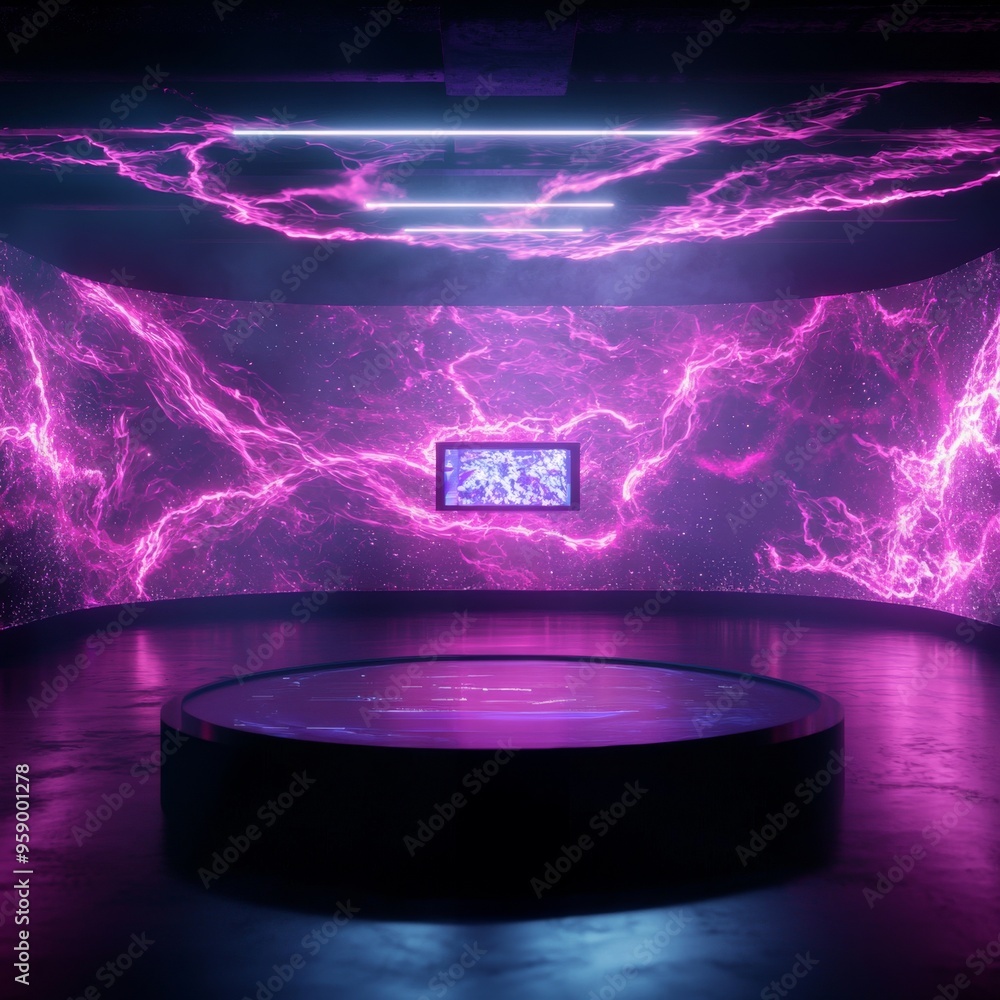 Aufkleber a futuristic, neon-lit room with a circular platform and a screen displaying a digital artwork. the 
