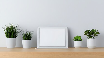 Obraz premium Modern Digital Document Management Concept on Tablet with Eco-Friendly Green Plants on Wooden Desk