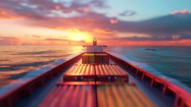 Stunning view of a cargo ship at sunset, showcasing vibrant colors over calm waters, ideal for transport and maritime themes.