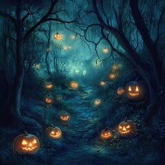 Fototapeta premium Enchanted Forest Trail at Night with Glowing Pumpkins and Ghostly Figures Amidst the Fog