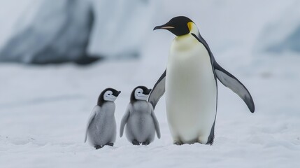 Obraz premium Emperor Penguins Waddling Together with Chicks in Antarctica