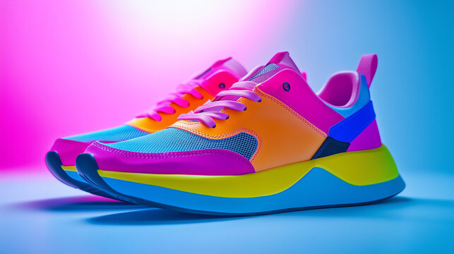 Fashion sneakers on vivid abstract background. Sport shoes in neon light. 