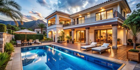 Fototapeta premium Luxury Villa with Pool and Patio at Dusk, Villa, Pool, Patio, Luxury, Sunset, Outdoor Living