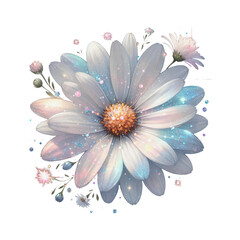 Obraz premium White flower daisy shiny sparkling clip art transparent background, floral cutout png