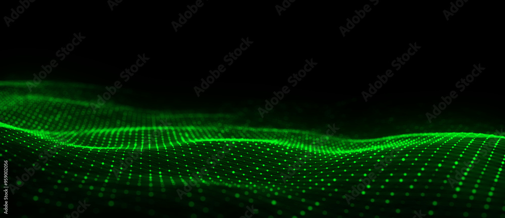 Poster dynamic green wave of particles and lines. abstract futuristic background. big data visualization. 3