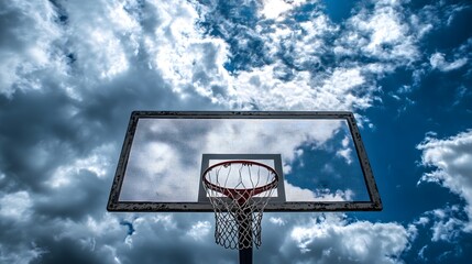 Basketball hoop and backboard against dramatic cloudy sky, outdoor sports perspective, copy space