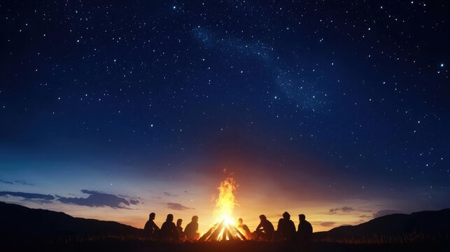 A serene campfire scene under a starry sky, where people gather around flames, sharing stories and creating memories in nature.