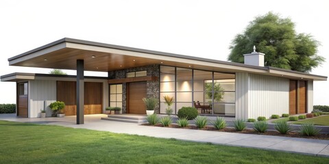 Modern House Exterior with Wooden Accents and Stone Wall, 3D Render, Daylight, Architecture, Contemporary, Home Design, Modern house