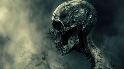 A spooky skull emerges from a swirling mist.