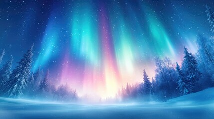 Breathtaking aurora borealis illuminates a snowy landscape, creating a stunning display of colors in the night sky.