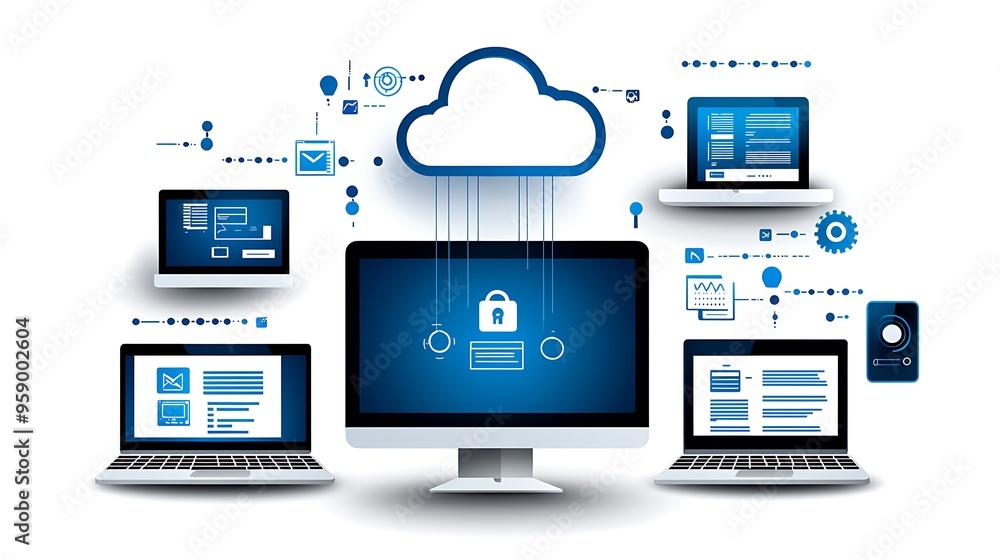 Poster doodle style visual of various devices connected by digital files flowing into the cloud with eco-fr