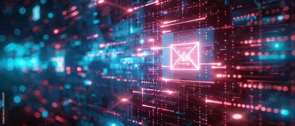 Poster vibrant digital abstract with glowing lines and shapes, representing technology and innovation in a 