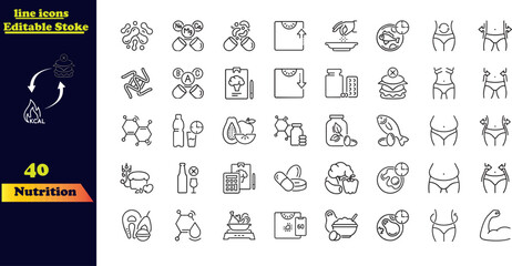 Nutrition Editable Stroke Icon Set. Includes icons for obesity, calorie counting, healthy food, palm oil-free products, probiotics, and more. This collection features editable outline icons focused on