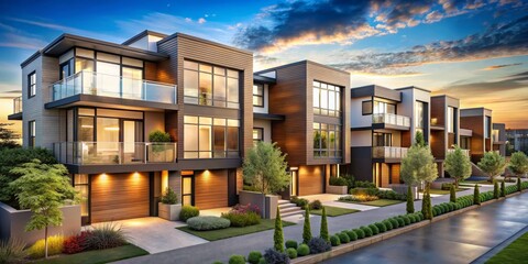 Obraz premium Modern Townhouse Complex at Sunset, 3D Rendering, Architecture, Interior Design, Contemporary, townhouses, sunset