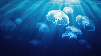 A serene underwater scene featuring graceful jellyfish floating in illuminated water, showcasing their delicate beauty.
