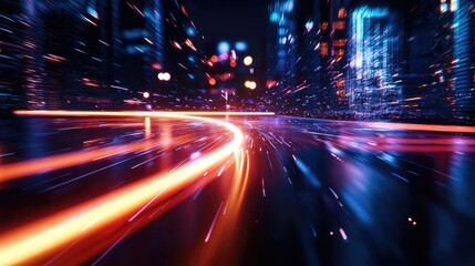Obraz premium Dynamic cityscape with light trails showcasing urban energy and modern architecture at night, full of vibrant colors and motion.