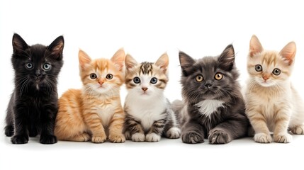 Group of adorable kittens sitting in a row including black, ginger, tabby, gray furry felines with curious expressions on white background, Copy Space