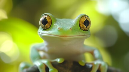 Fototapeta premium Closeup of green tree frog with large golden eyes and blurred leaf background, copy space