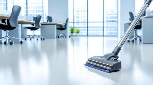 A cleaner vacuuming a sleek, modern office with polished floors and ergonomic chairs