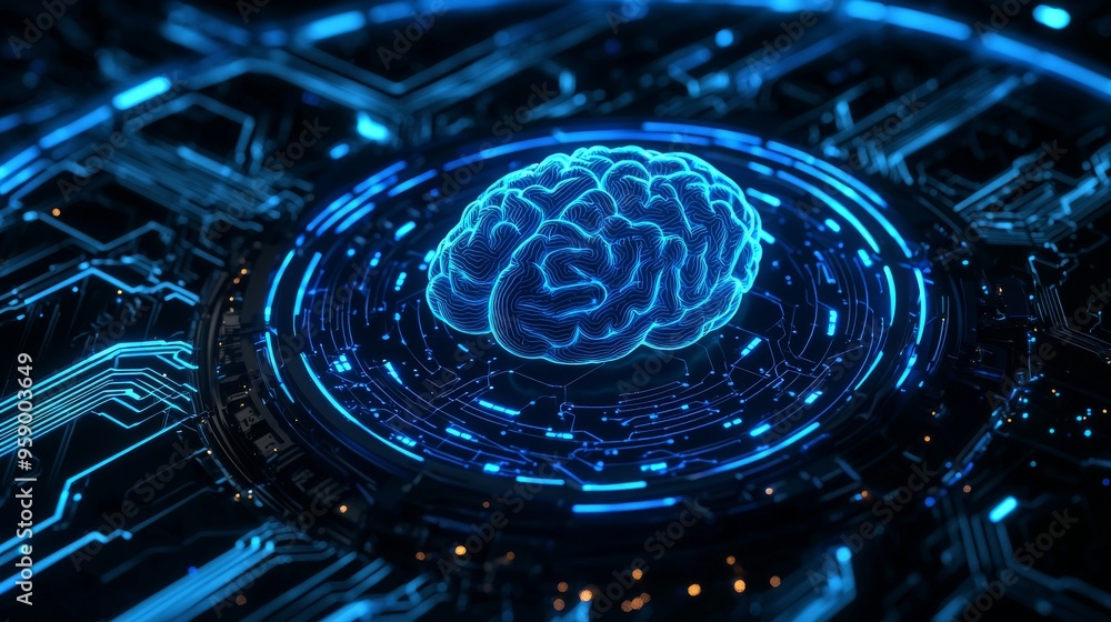 Poster a glowing blue brain sits in a futuristic technological setting, representing artificial intelligenc