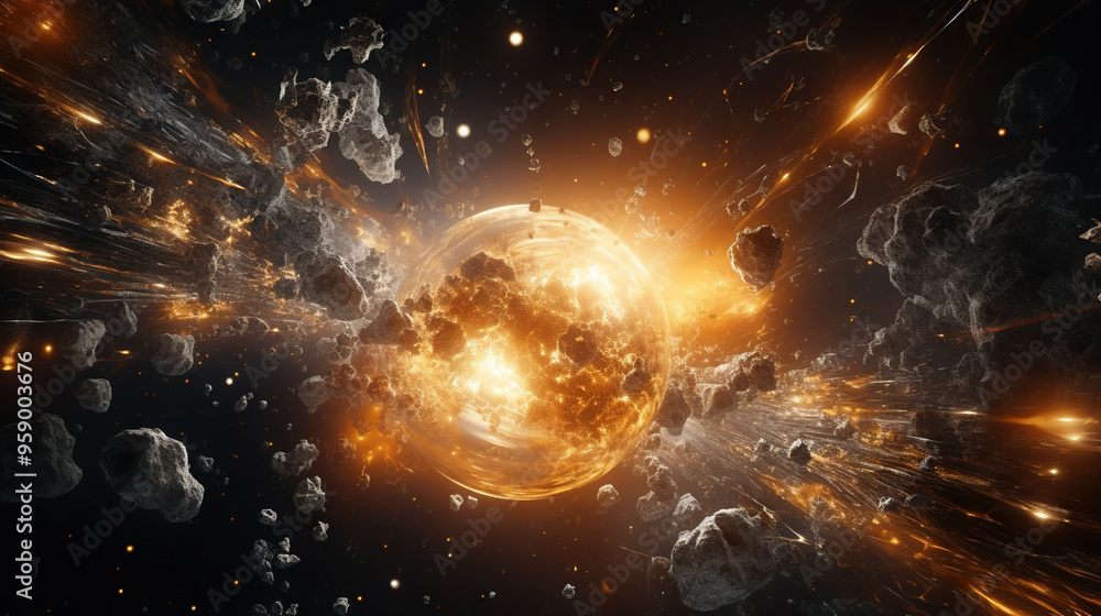 Poster abstract explosion in space with rocks and stones burst in flame, sci-fi and technology background