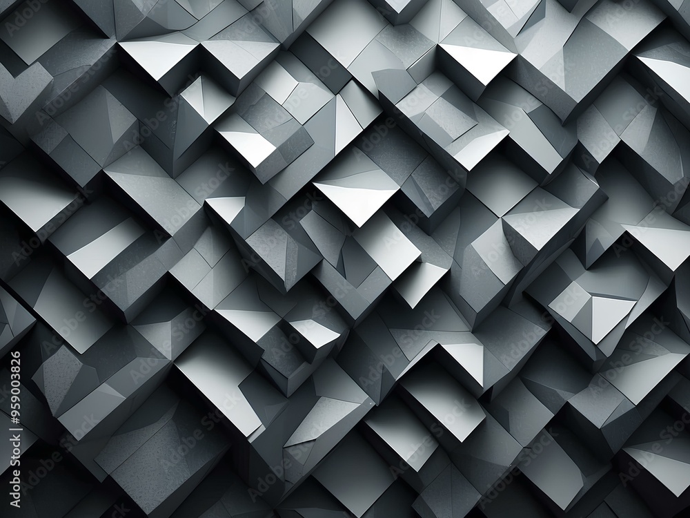 Poster modern and minimalist 3d geometric design featuring interlocking cubes with a metallic sheen, formin