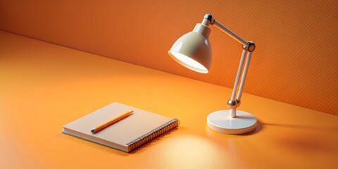 Orange Desk with Lamp, Notebook and Pencil, 3D Rendering, Minimalist, Still Life, Design, Desk Lamp