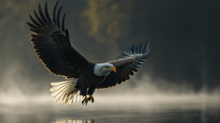 Obraz premium Majestic bald eagle swooping low over water with wings spread, copy space