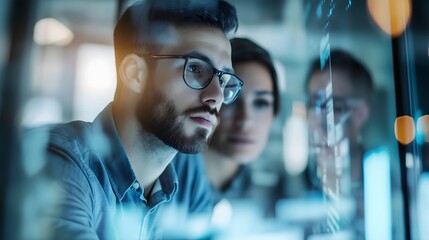 Young business professionals analyzing data on transparent digital screens in a modern office environment at night, Copy Space