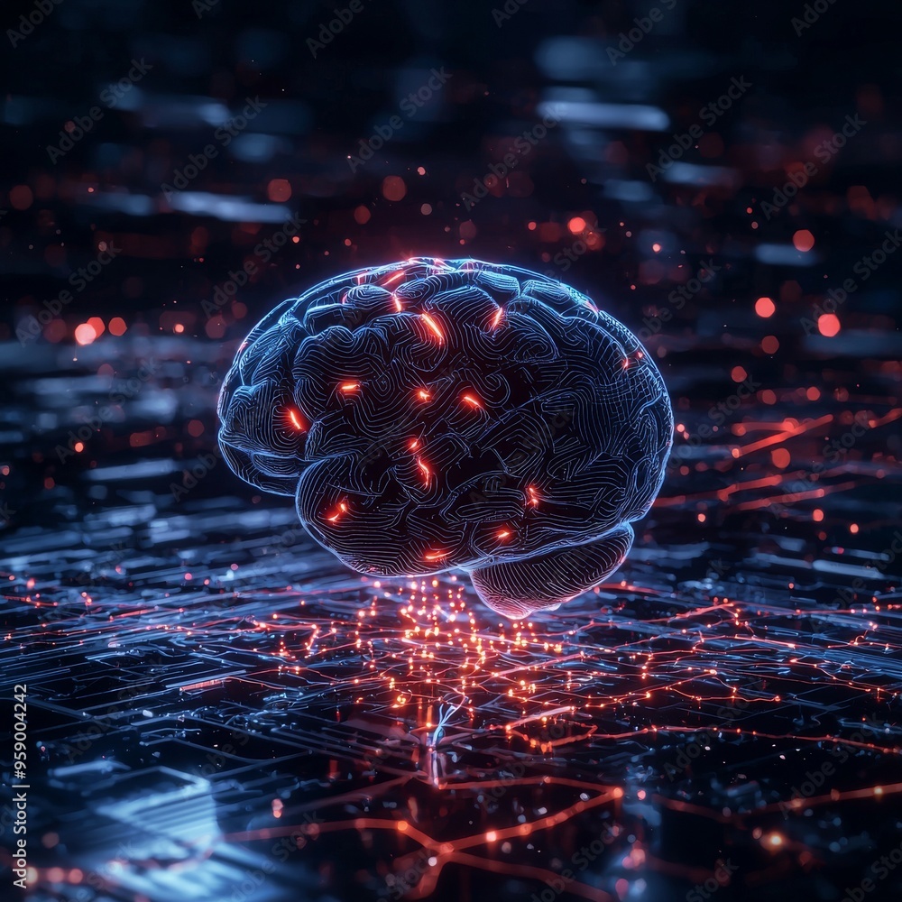 Poster a glowing digital brain with neural pathways, representing artificial intelligence and technology.