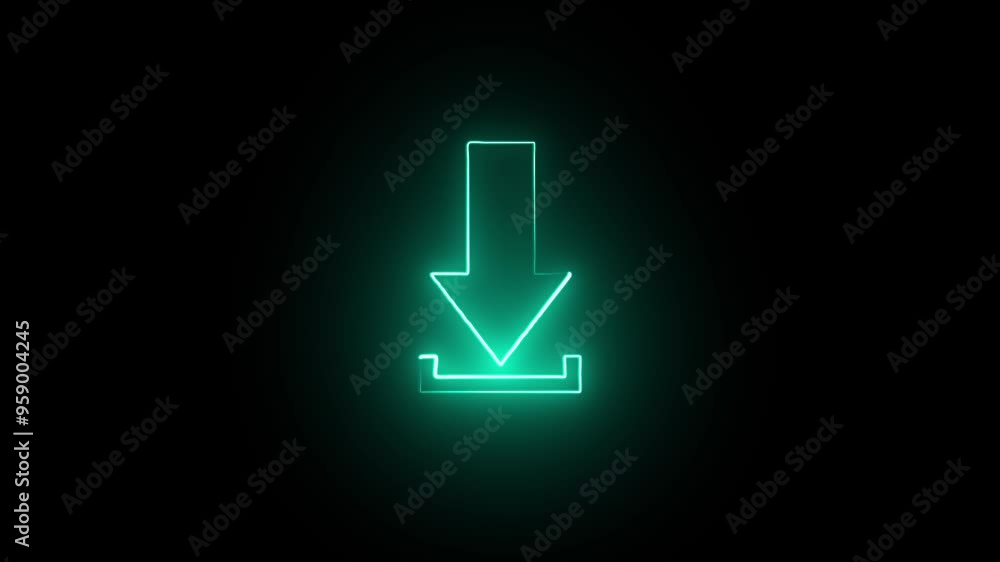 Poster cyan color abstract directional neon glowing arrow icon animation with black background. neon arrow 