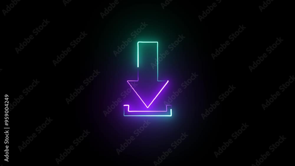 Poster purple and cyan color abstract directional neon glowing arrow icon animation with black background. 