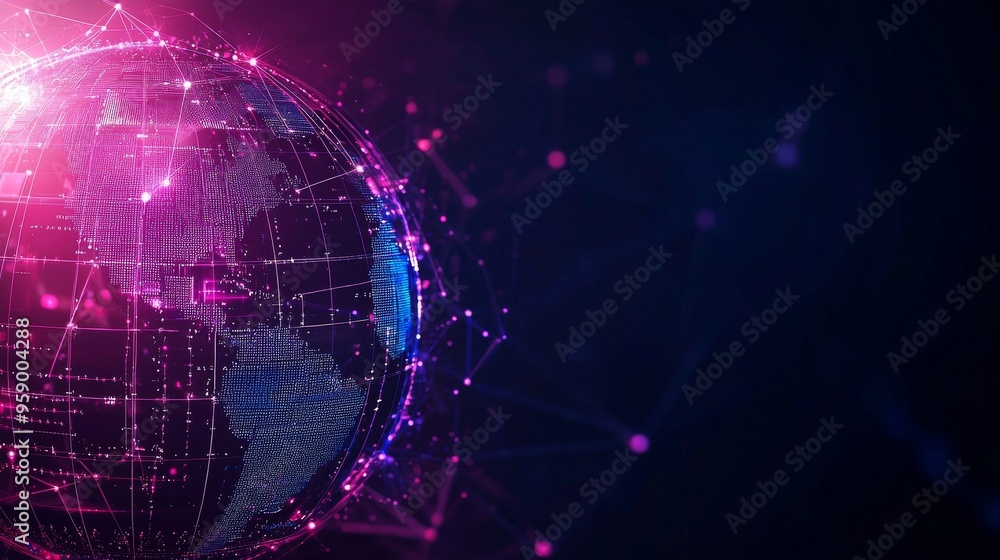 Poster a glowing digital globe with a network of lines and dots, symbolizing global connectivity and techno