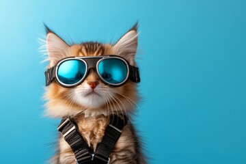Adorable Fluffy Cat Wearing Aviator Goggles Against Blue Background isolated with copy space