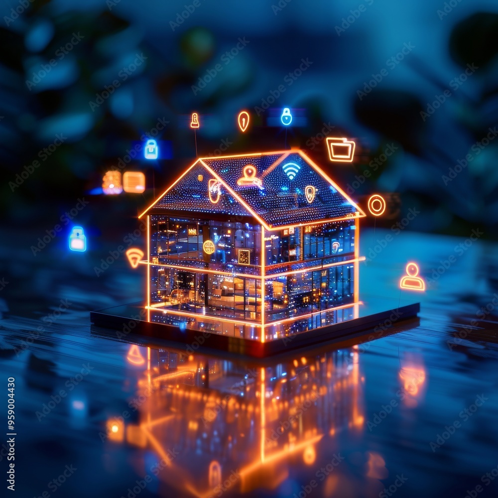 Poster a glowing digital house with connected device icons floating around it, representing smart home tech