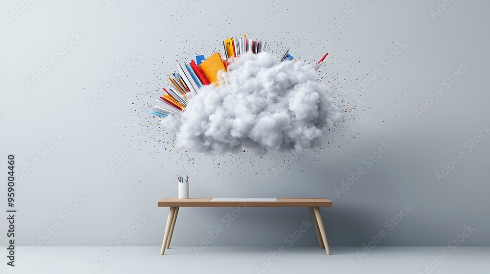 Poster color pencil style image of a cloud hovering over a desk with files being efficiently organized and 