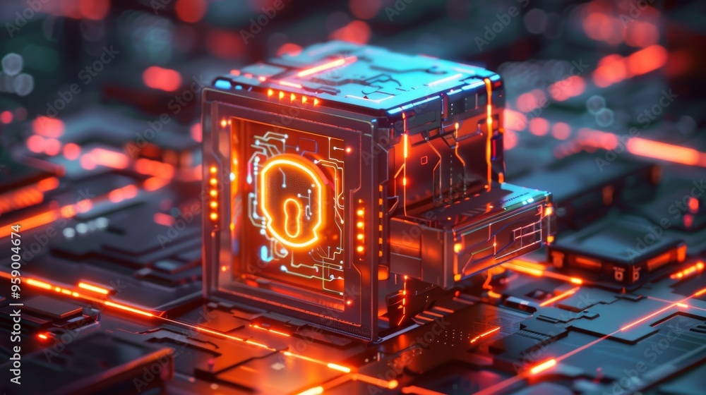 Poster a glowing futuristic cube with circuitry and a digital display, symbolizing technology and innovatio