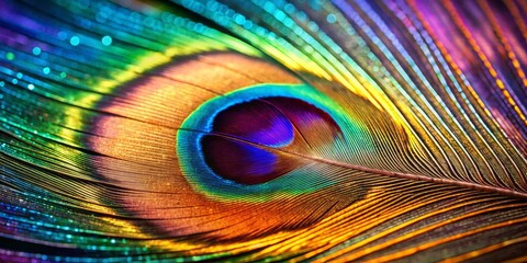 Obraz premium Peacock Feather Macro Close-up of Vibrant Colors and Patterns, Peacock, Feathers, Macro Photography