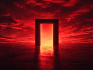 A glowing doorway stands open against a fiery red sky, suggesting a portal to another dimension or a new beginning.