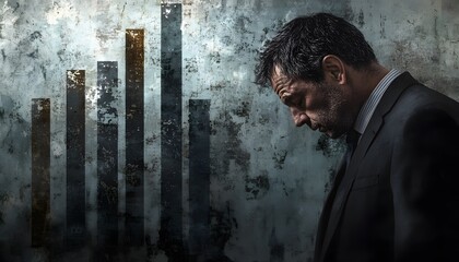 A Man in a Suit Depressed by a Bar Graph Showing a Decline