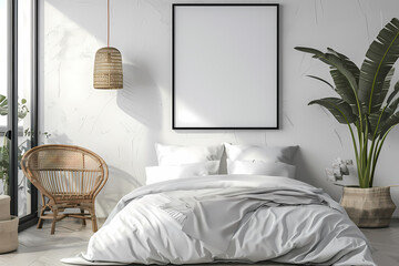 A serene modern bedroom with a minimalist design featuring white bedding, natural elements, and a cozy rattan chair.