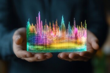 Colorful Digital Data Visualization Held in Hands: Futuristic Bar Graph Displaying Analytics and Technology Trends in Stock Photography
