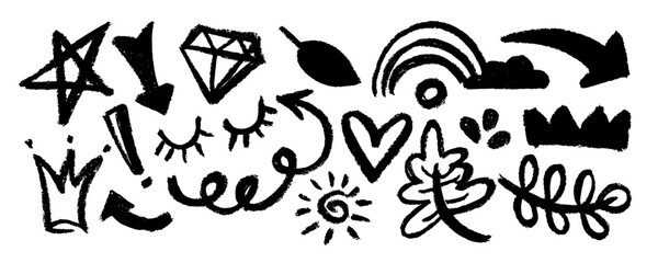 Obraz premium Collection of brush drawn symbols: heart, star, arrows, eyes, tcrown, leaves, swirls and dots with dry brush texture. Exclamation and question marks. Bold graffiti style shapes. 