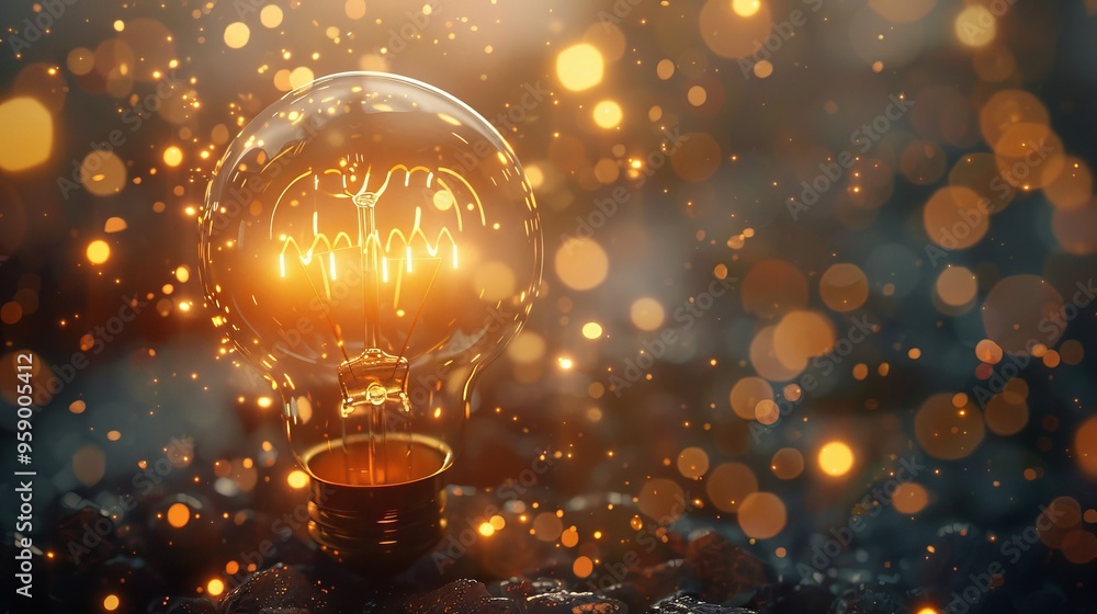 Poster a glowing light bulb with sparks flying from it against a dark background with bokeh lights.