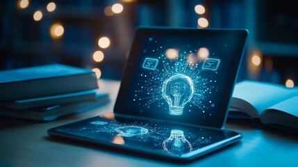 A glowing lightbulb icon on a tablet screen, symbolizing innovation and ideas. Books in the background suggest knowledge and learning.