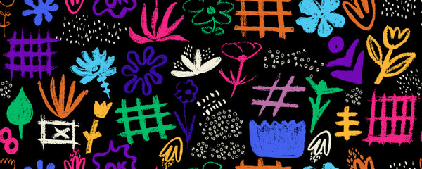 Vector seamless pattern  with  colorful grids  and various flowers, girly shapes, dots with charcoal texture.  Hand drawn graffiti  scribbles and squiggles,  various shapes . Scribbles, scrawls,