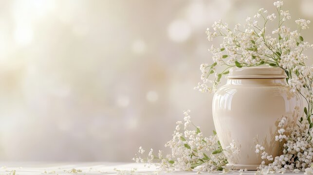 A serene white urn surrounded by delicate flowers in a softly lit indoor space