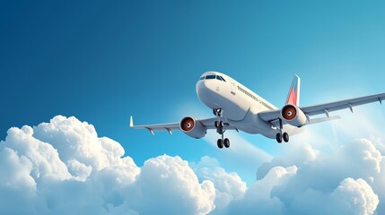 Fototapeta premium A commercial airplane flying through a bright blue sky with fluffy clouds, representing travel and freedom.